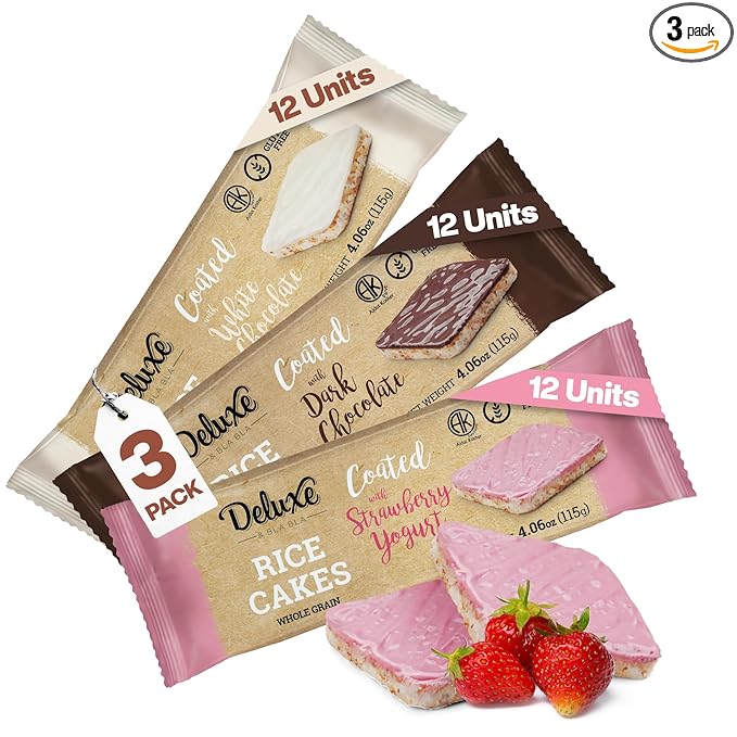 Deluxe & Bla Bla Thin and Crispy Chocolate Rice Cakes, Kosher Certified Dairy Free,Gluten Free,Nuts Free Snack Pack Of 3 (Dark Chocolate/White chocolate/Strawberry yogurt)