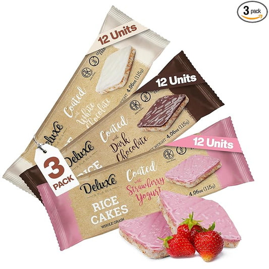 Deluxe & Bla Bla Thin and Crispy Chocolate Rice Cakes, Kosher Certified Dairy Free,Gluten Free,Nuts Free Snack Pack Of 3 (Dark Chocolate/White chocolate/Strawberry yogurt)
