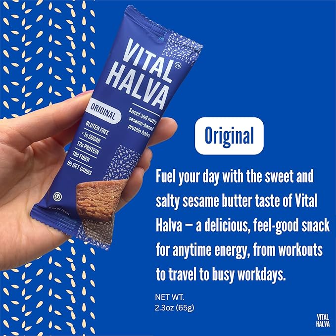 Vital Halva Vegan Sesame Snack Bar, Original, Gluten Free, Dairy Free, Soy Free, Low Sugar, No Added Sugar, 12G Protein, 19G Fiber, 6G Net Carbs, Breakfast, Travel, 10ct