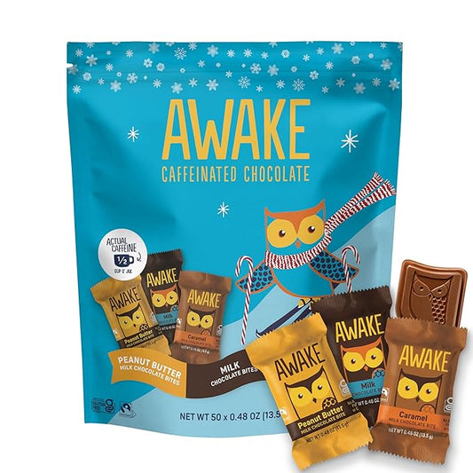 AWAKE - Caffeinated Chocolate Bites - 50mg Caffeine per bite - Winter Wake Up Variety Pack (3 Flavors), 50 Bites - Peanut Butter, Milk, & Caramel - Energy Bites - Coffee Alternative - Fairtrade, Gluten Free, Non GMO - 0.48oz each