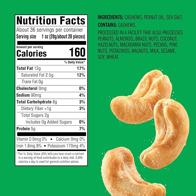 Emerald Nuts Roasted and Salted Whole Cashews (1-Pack), 5oz Resealable Bag, Plant-Based Protein, Kosher Certified, Non-GMO, Contains No Artificial Preservatives, Flavors or Synthetic Colors