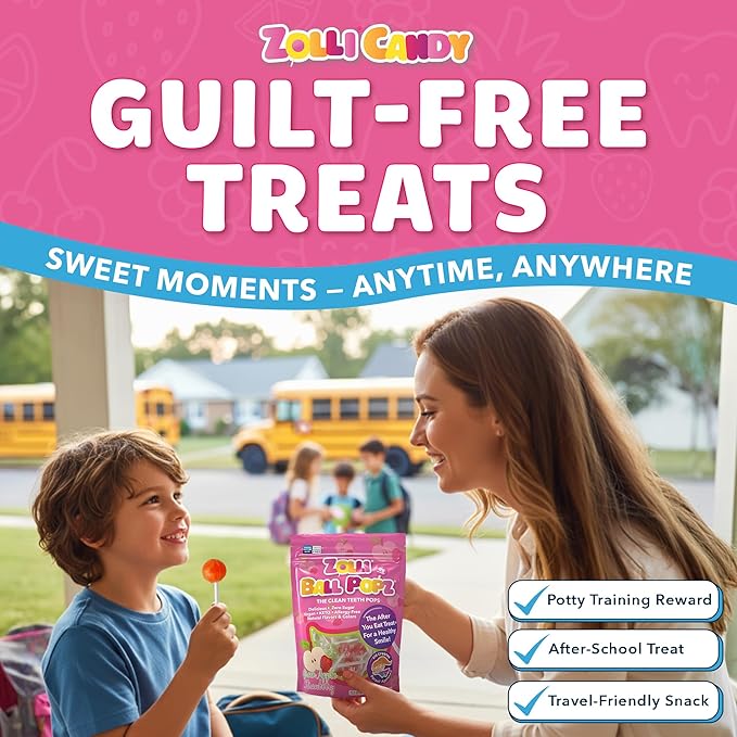 Zolli Ball Popz Clean Teeth Sugar Free Candy - Dye-Free, Keto & Diabetic-Friendly, Dentist-Approved Treats for Kids (Green Apple & Strawberry, 5.2 oz)