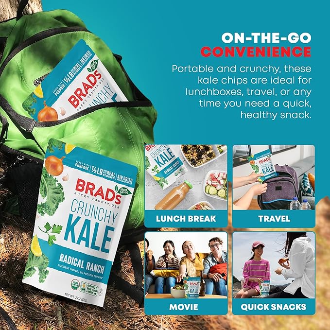 Brad’s Plant-Based - Organic Crunchy Kale Chips - Healthy Snack with Sea Salt - High in Plant-Based Protein & Fiber - Low Carb, Organic Veggie Chips - Radical Ranch - 2 Oz (Pack of 3)