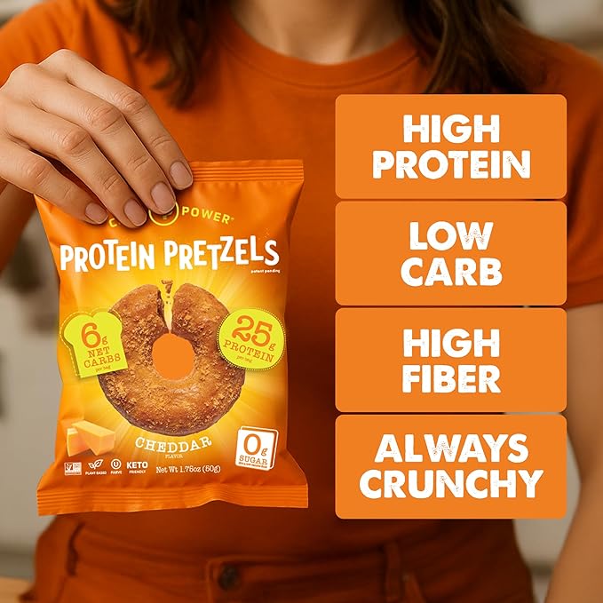 Crisp Power Protein Pretzels, NEW Cheddar, High Protein Snack, 25G Protein, Low Carb Crunchy Pretzel Snacks, No Added Sugar, 1.75 oz Bags, 6 Pack, Vegan, Plant-Based, Keto