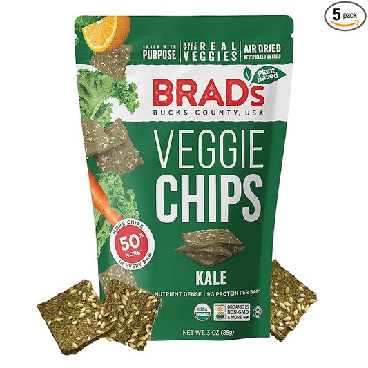 Brad’s Plant-Based - Organic Veggie Kale Chips - Healthy Snacks Delicious - High Protein & High Fiber Snacks - Low Carb - Organic Veggie On-the-Go Kale Chips - 3 Oz (Pack of 5)