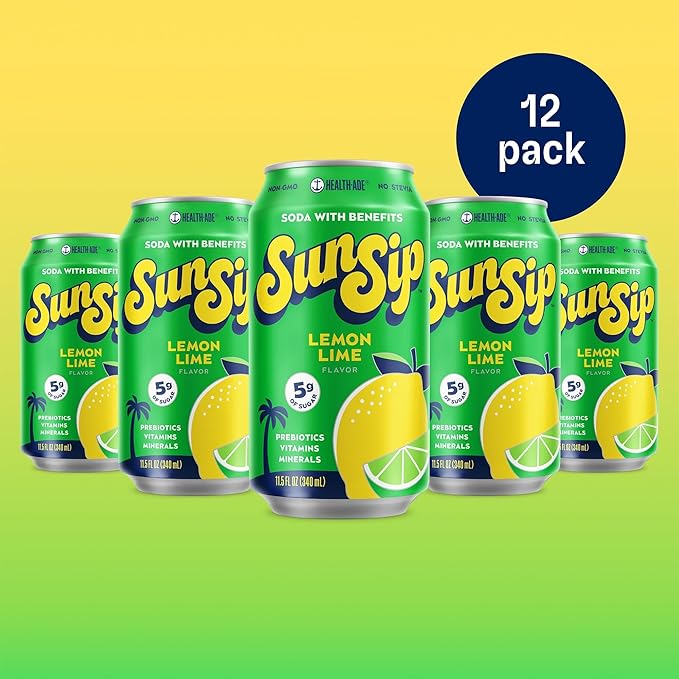 SunSip Prebiotic Soda by Health-Ade, Gut-Healthy Beverage, Soda Swap, Vitamins & Minerals, Naturally Sweetened with 5g of Sugar, Lemon Lime, 11.5 oz (12 Pack)