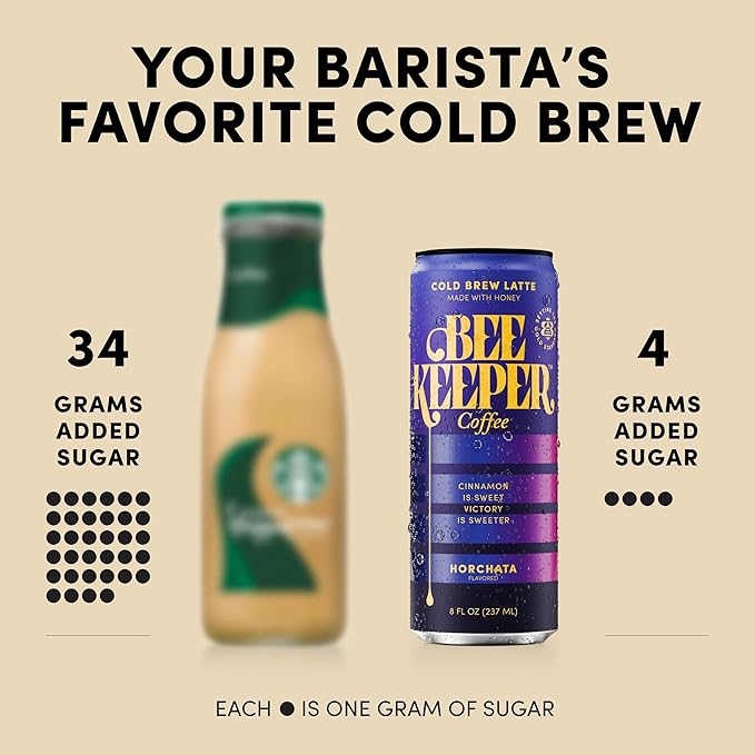 Beekeeper Horchata Latte Cold Brew Coffee Drinks with Oregon Honey | 12 Pack Refreshing Iced Coffee - Unsweetened & Strong Arabica Brew, 8 fl oz Ready-to-Drink Can - 180mg Natural Caffeine