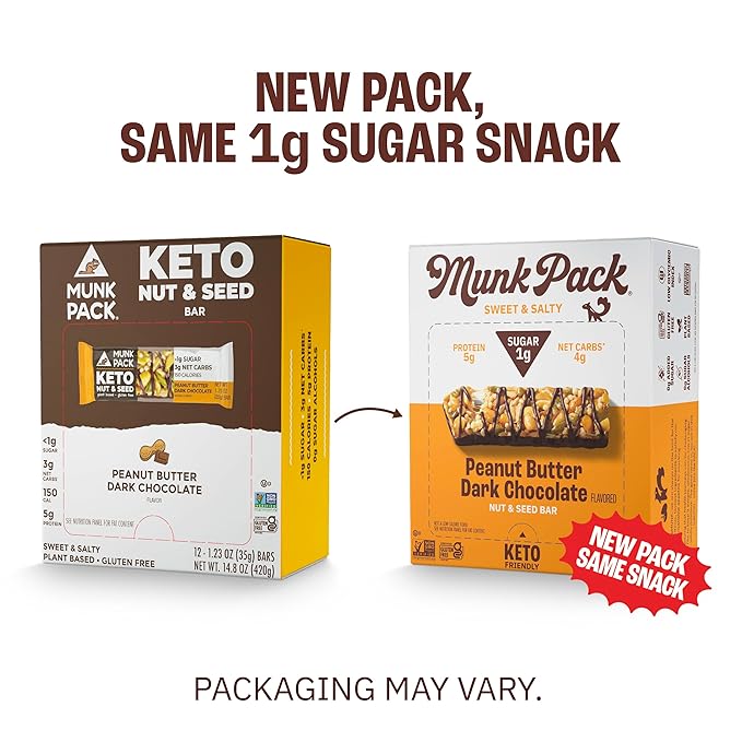 Munk Pack Peanut Butter Dark Chocolate Nut & Seed Snack Bars | 5g Protein, 1g Sugar, 3g Net Carbs | Plant-Based, Low Sugar, Non-GMO, Gluten-Free Snacks | 12 Count (4.92 oz)