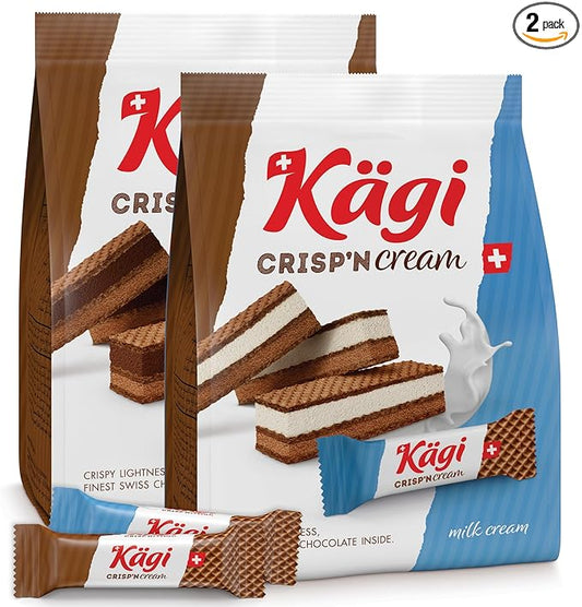 Swiss Milk Chocolate Mousse Filled Wafers by Kägi, Individually Wrapped Snacks, Chocolate Gift, Kägi Crisp'n Cream, Variety Pack, Milk Cream and Choco Cream, 2-Pack, 88g Bags
