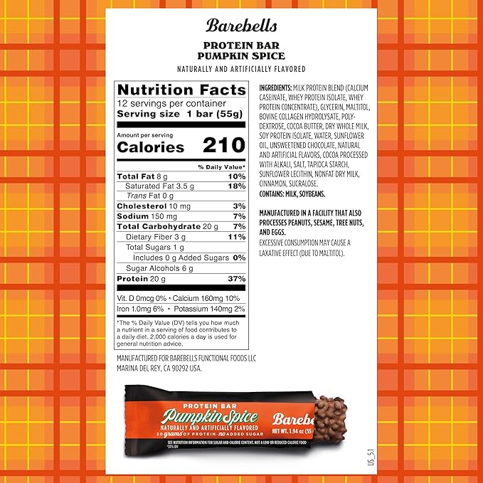 Barebells Protein Bars Pumpkin Spice – 12 Count, 20g High Protein Treats – Seasonal Pumpkin Spice Nutrition Bar with Low Sugar – On-The-Go Breakfast or Post-Workout Snack
