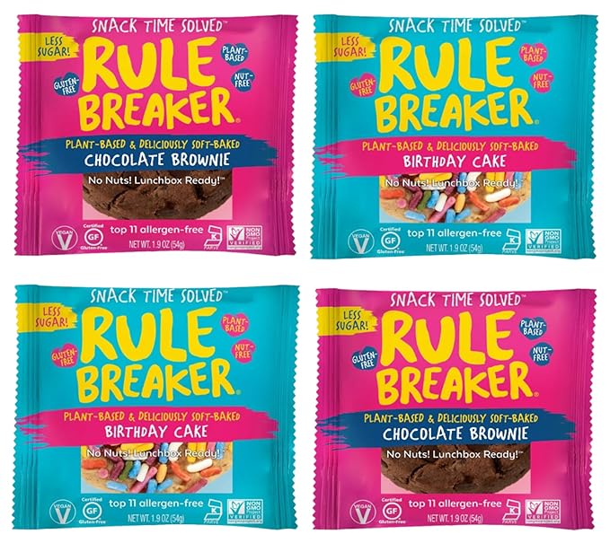 Rule Breaker Vegan & Gluten Free Cookies | Birthday Cake & Chocolate Brownie | Plant-Based, Top 11 Allergen-Free | Soft-Baked, Great Snacks for Kids & Adults, Individually Wrapped (Pack of 4)