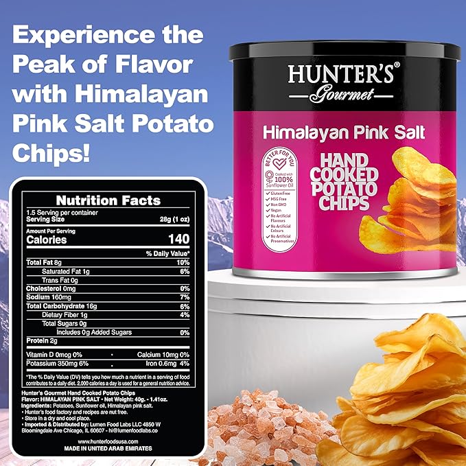 Hunter's Gourmet Hand-Cut Chips | Free from Preservatives & Artificial Colors | Cholesterol-Free | Himalayan Pink Salt Crisps | Great for Special Occasions | Non-GMO | Pack of 4 | 40g