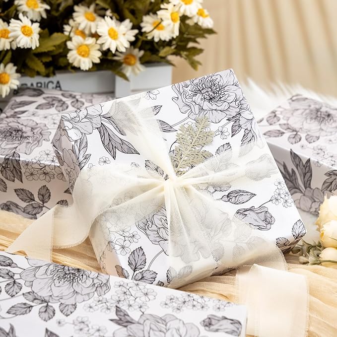 Homeral Shimmer Floral Gift Wrapping Paper Roll-46.8 sq.ft. Black and White Pearly Luster Vintage Flower for Wedding, Birthday, Baby Shower, Anniversaries, Party-17 Inch x 33 Feet
