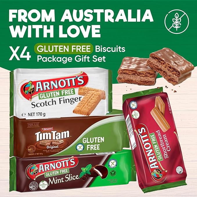 Gluten Free Snack Box & Gift Basket – Biscuit Variety Pack for Adults – 4-Pack Australian Favorites: Scotch Finger, Mint Slice & Shortbread Creams – Celiac Friendly Care Package