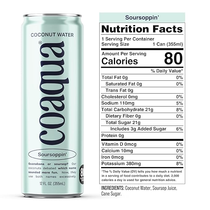 Coaqua Soursoppin’ Coconut Water (12 Pack), Refreshing Electrolyte Drink for Hydration & Wellness – Zero Fat, Gluten-Free, Coconut Water with Soursop Juice - 12 fl oz Cans