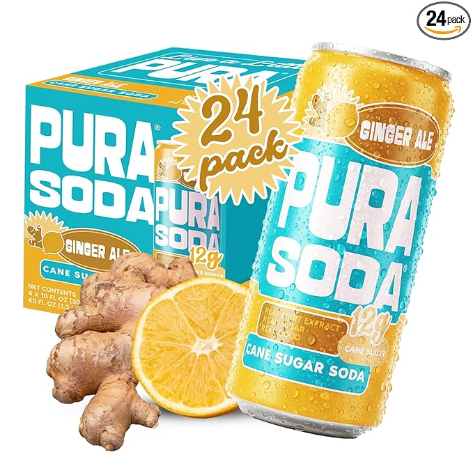 PuraSoda® Ginger Ale Low-Calorie Cane Sugar Soda - Made with Pure Cane Sugar, No Stevia or Artificial Blends - Non-GMO, Vegan, Clean & Refreshing Ginger Soft Drink - 10.1 fl oz Cans, Pack of 24