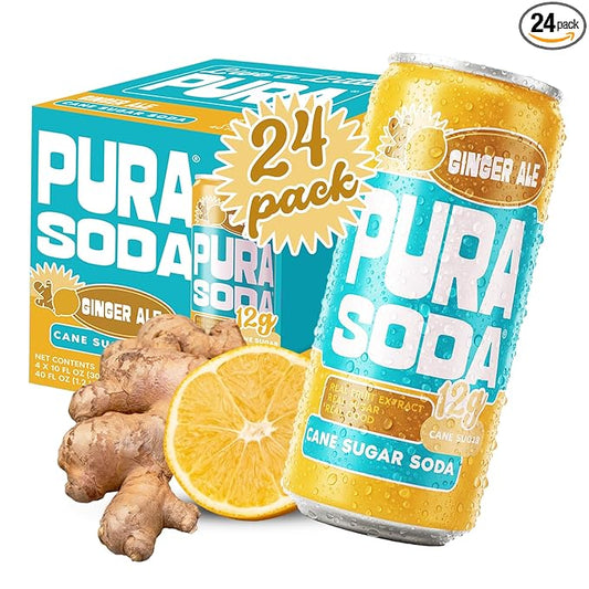 PuraSoda® Ginger Ale Low-Calorie Cane Sugar Soda - Made with Pure Cane Sugar, No Stevia or Artificial Blends - Non-GMO, Vegan, Clean & Refreshing Ginger Soft Drink - 10.1 fl oz Cans, Pack of 24