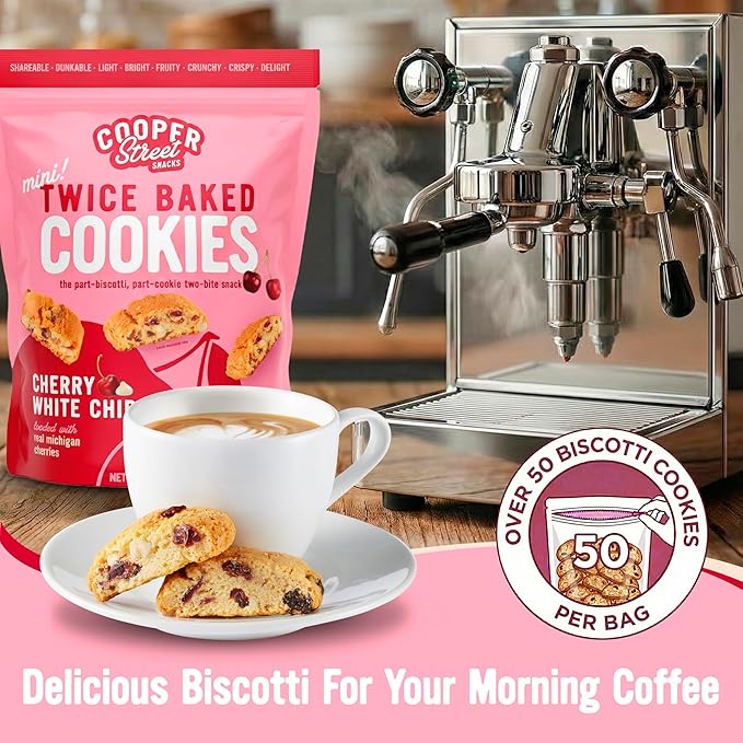 Cooper Street Twice-Baked Cherry White Chip Biscotti Cookies (16 oz) – Over 50 Biscotti Cookies per Bag Loaded with Real Fruit, Traditional Italian Style Snacks - Dairy, Peanut & Soy Free, Kosher