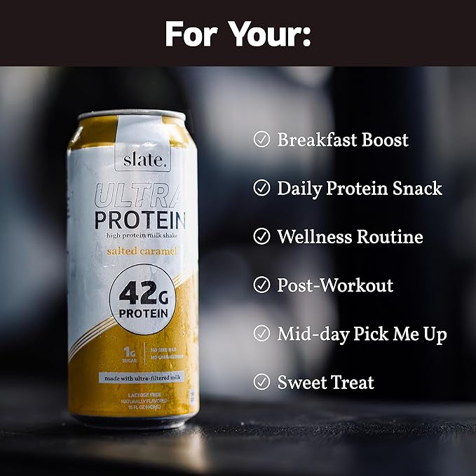 Slate Milk -Ultra Protein Shake-Salted Caramel-42g Protein,1g Sugar,180 Calories,1g Net Carbs-Lactose Free,No Added Sugar-Made with Ultra Filtered Milk- Breakfast Boost,Post Workout- 15 fl oz,12 Cans