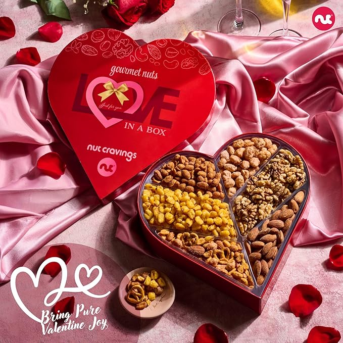 NUT CRAVINGS - Valentines Day Mixed Nuts Heart Shaped Gift Basket, Love in A Box (6 Assortments, 2 LB) Romantic Food Arrangement, Healthy Snack Care Package, Food Assortments