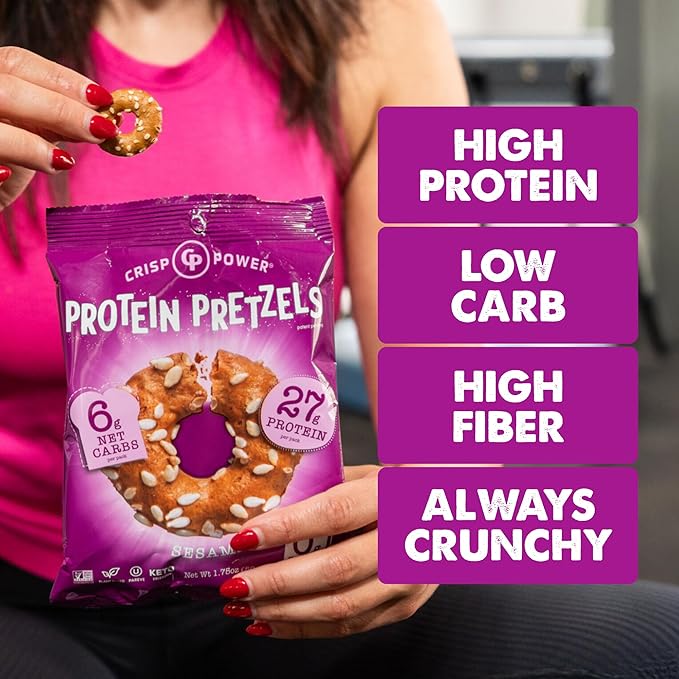 Crisp Power Protein Pretzels, Sesame, High Protein Snack, 27G Protein, Low Carb Crunchy Pretzel Snacks, No Added Sugar, No Seed Oils, 1.75 oz Bags, 6 Pack, Vegan, Plant-Based, Keto