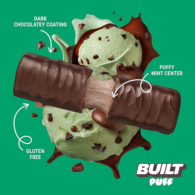 Built Bar, Puff Protein Bars, Mint Chip Puff, 17g Protein Snacks, On-The-Go Bars, Only 140 Calories, 7g Sugar, Collagen, Gluten Free, 12 Count