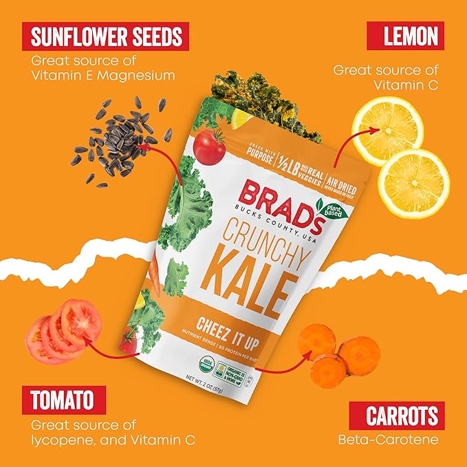 Brad’s Plant-Based - Organic Crunchy Kale Chips - Healthy Snack with Sea Salt - High in Plant-Based Protein & Fiber - Low Carb, Organic Veggie Chips - Cheez It Up - 2 Oz (Pack of 3)