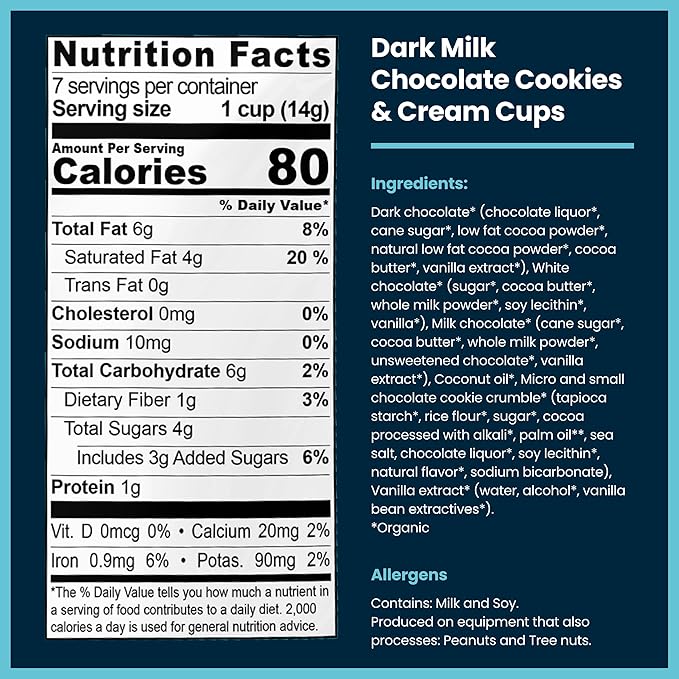 Chocxo Dark Milk Chocolate Cookies & Crème Cups - Lower Sugar, 69% Organic Cacao, NonGMO, Keto, Gluten Free, Kosher, No Artificial Sweeteners/Sugar Alcohols, 3.45 oz (Pack of 6)