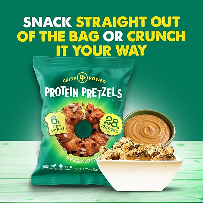Crisp Power Protein Pretzels, Everything, High Protein Snack, 28G Protein, Low Carb Crunchy Pretzel Snacks, No Added Sugar, No Seed Oils, 1.75 oz Bags, 6 Pack, Vegan, Plant-Based, Keto