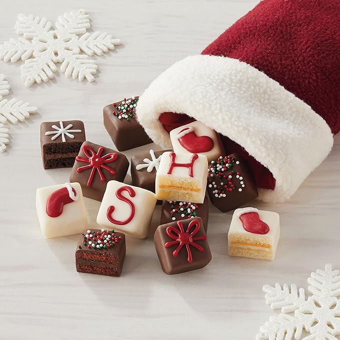The Swiss Colony Happy Holidays Petits Fours Cakes – Gourmet Cake Assortment with Chocolate, Layer Cakes, and Jam – Christmas Dessert Gift – (Pack of 36)
