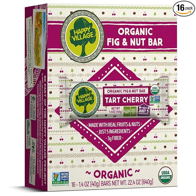 Happy Village Organic Fruit & Nut Bar, TART CHERRY | Gluten Free, No Refined Sugar, Kosher, Non-GMO, Vegan, Good Source of Fiber | Organic Healthy Snack Bars (16 bars, 1.4 OZ each)
