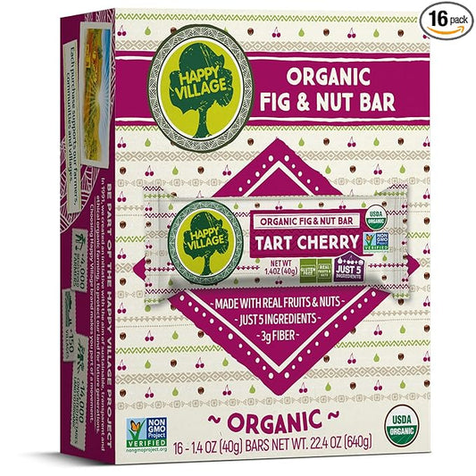 Happy Village Organic Fruit & Nut Bar, TART CHERRY | Gluten Free, No Refined Sugar, Kosher, Non-GMO, Vegan, Good Source of Fiber | Organic Healthy Snack Bars (16 bars, 1.4 OZ each)