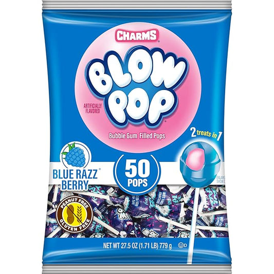 Charms Blow Pop Single Flavor Bag - Blue Raspberry Flavored Lollipops with a Bubble Gum Center - Individually Wrapped Hard Candy - Blue Candy - Peanut Free, Gluten Free, 50 Count (Pack of 1)
