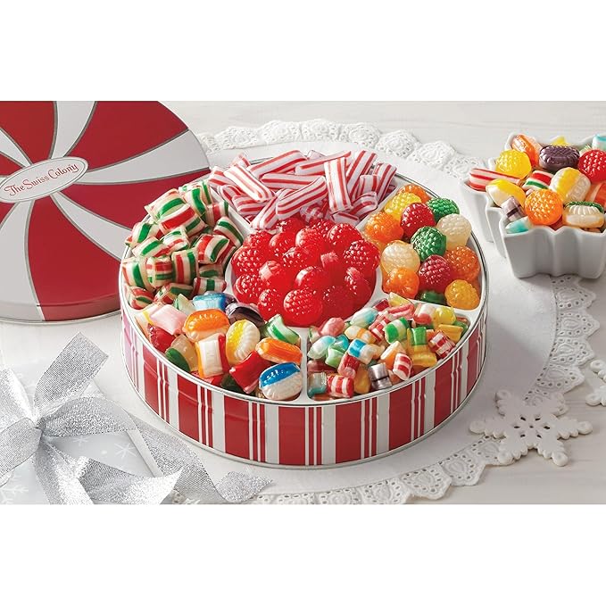 The Swiss Colony Merry Christmas Petits Fours Gourmet Mini Layer Cakes, Red Velvet, Strawberry, Double Chocolate, and Vanilla with Traditional Old Fashioned Candy Hard Candy, Raspberry Drops, and More