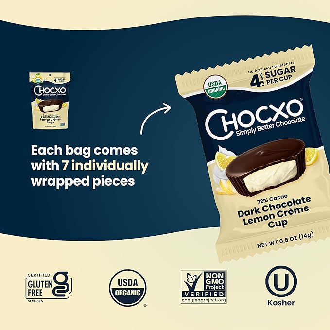 Chocxo Dark Chocolate Lemon Crème Cups - Lower Sugar, Organic 72% Cacao, NonGMO, Keto, Gluten Free, Kosher, No Artificial Sweeteners/Sugar Alcohols, 3.45 oz (Pack of 6)