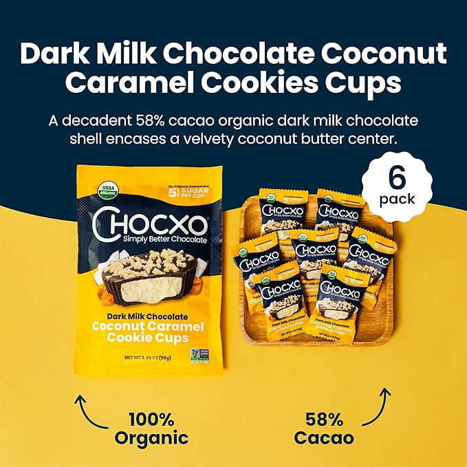 Chocxo Dark Milk Coconut Caramel Cookie Cups - Lower Sugar, Organic, NonGMO, Keto, Gluten Free, Kosher. 58% Cacao, No Artificial Sweeteners/Sugar Alcohols, 3.45 oz (Pack of 6)