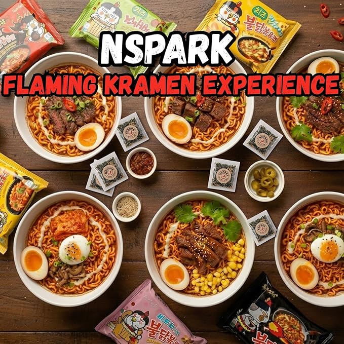 NSPARK FLAMING KRAMEN Spicy Ramen Variety Pack (10 Packs) | 5 Famous Flavors & (10) Sesame Seaweed Topper | (10 Individual Wrap Heavy Fork) Ultimate Korean Style Spicy Noodle Challenge 30 Item Count | Asian Instant Ramen Student Care Package Bundle