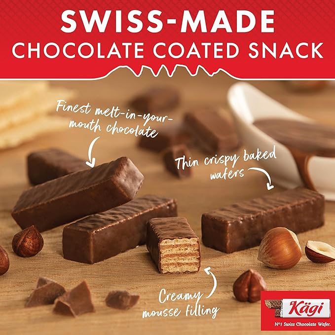 Swiss Milk Chocolate Covered Mini Wafers by Kägi, Crispy Coated Sweet Snacks, Premium Individually Wrapped Treats, Chocolate, Classic Kägi, 125g Bags