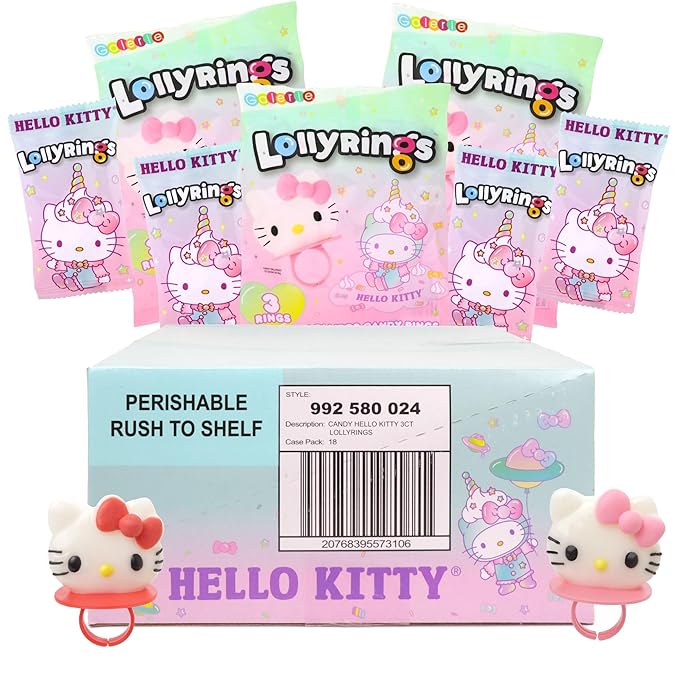 Hello Kitty Lollipop Rings, Strawberry and Fruit Punch Flavored Suckers, Themed Party Favors, 3 Count Bag, 1.27 Ounces (18 Pack)