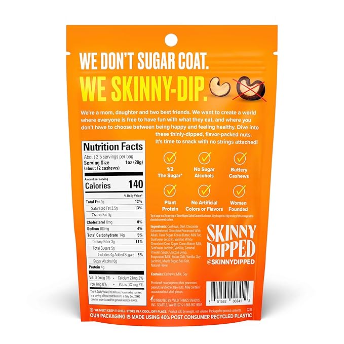 SkinnyDipped Salted Caramel Cashews, Healthy Snack, Plant Protein, Gluten Free, 3.5oz Resealable Bags, Pack of 5