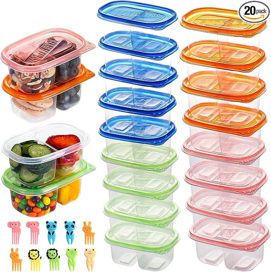 20pcs Reusable Snack Containers with Lids,Double Compartment Snack Containers for kids adults, 10 Cute Forks，Bento Box-Lightweight and stackable, Microwave, refrigerator safe (4 Color)