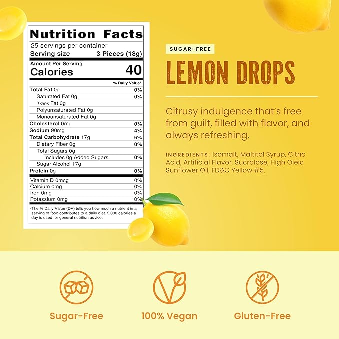 Cambie Sugar Free Hard Candy, 1 lb of Sugar Free Candy Individually Wrapped, Lemon Drops