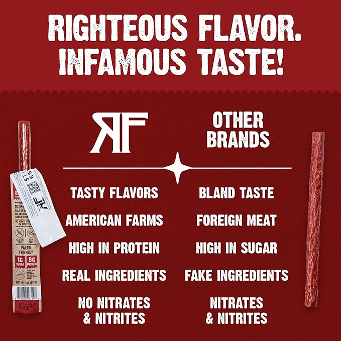 Righteous Felon Meat Sticks | 100% Grass Fed Beef | Keto, Gluten-Free, Low Sugar, High Protein Healthy Snacks | Valentines Day Jerky Gifts for Men | OG Hickory Beef Sticks, 24 Count