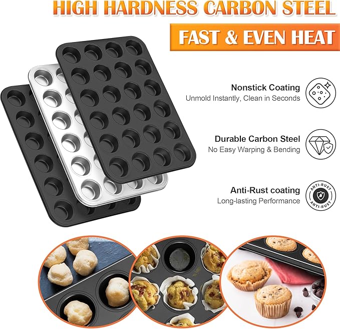 E-far 24-Cup Mini Muffin Pan - 3 Pack Nonstick Carbon Steel Cupcake Tin Tray for Little Bites & Freezer Prep | Warp-Free Bakeware Ensures Even Baking & Effortless Release, Regular Size & Oven Safe