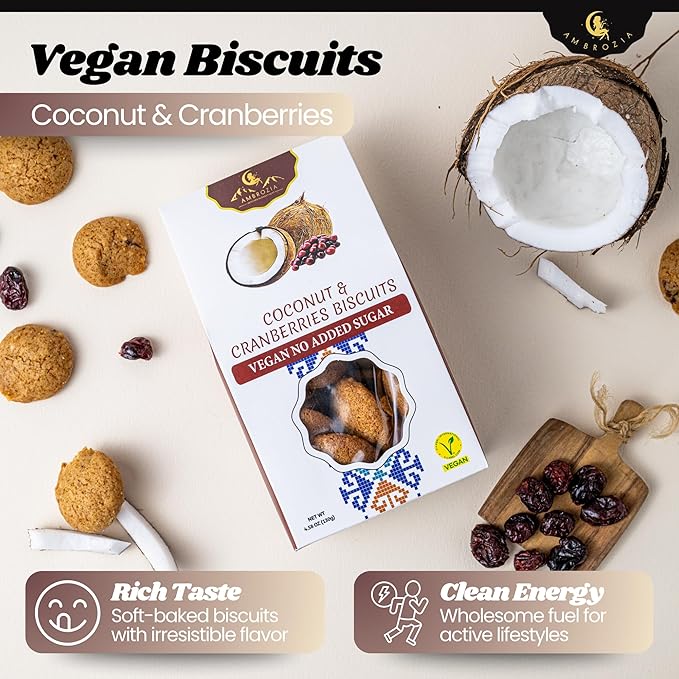 Ambrozia Vegan Snack Biscuits – Coconut & Cranberry - Soft Baked, No Added Sugar, Clean Label, High Fiber & Wholesome Ingredients, Kid-Friendly, Healthy Snacks for Active Lifestyles, 4 x 4.58 Oz