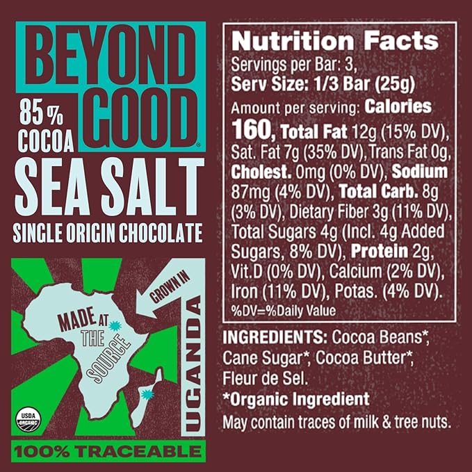 Beyond Good 85% Cocoa Dark Chocolate Bars with Sea Salt | 12 Pack - Chocolate Bars | Organic, Direct Trade, Vegan, Kosher, Non-GMO | Single Origin Uganda Chocolate
