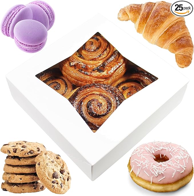 BAKELUV 8x8x2.5 Bakery Boxes with Window | White, 25 PCS | 8x8 Cookie Boxes 8x8 Cake Box, 8 Inch Bakery Boxes for Cinnamon Rolls, Treat Boxes, Dessert Boxes, Auto Pop Up