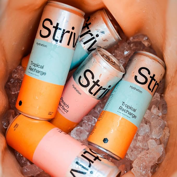 Strive Soda Tropical Recharge - Sparkling Hydration Soda with Electrolytes & Organic Honey - Passionfruit Coconut Naturally Sweetened Drink - No Artificial Sweeteners or Preservatives - 12 Pack Cans