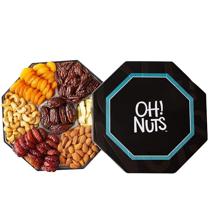Oh! Nuts 7 Section Dried Fruits and Nuts Gift Basket - Gourmet Assorted Fruit & Nut Gifts Baskets - Healthy Food Hexagon Metal Tin Box - Festive Gifts for Holiday, Birthday, Corporate Women & Men