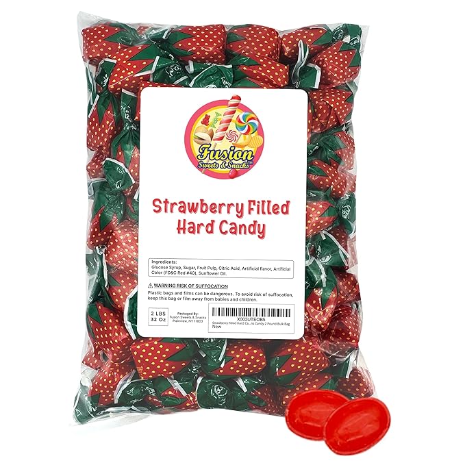 Strawberry Filled Hard Candy - 1 Pound Individually Wrapped Strawberry Bon Bons Candy - Bulk Bag